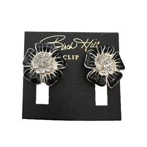 Birch Hill floral pansy clip on earrings black white rhinestone NWT